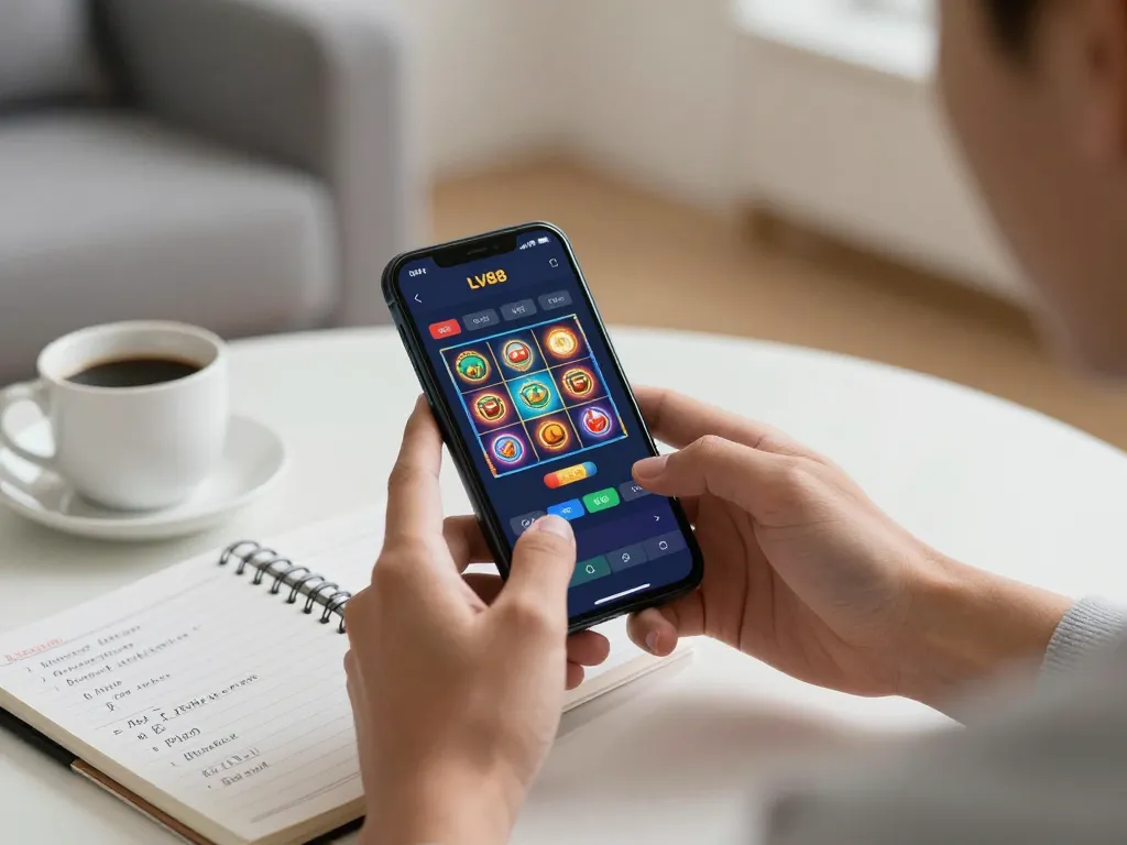 Player using the LV88 app for mobile gambling, engaging in exciting slot gameplay on smartphone