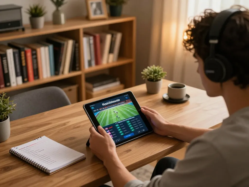 Engaged player analyzing tỷ lệ nhà cái on tablet during online sports betting