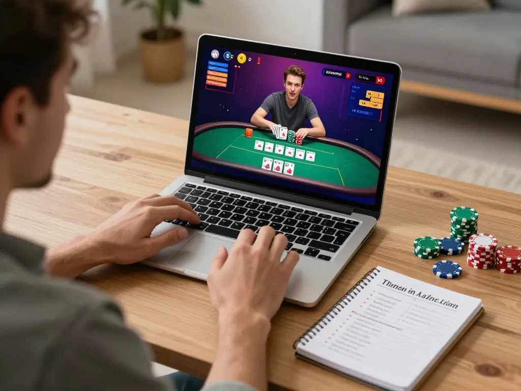 Player strategizing for f8bet poker game on laptop, illustrating home gaming atmosphere.