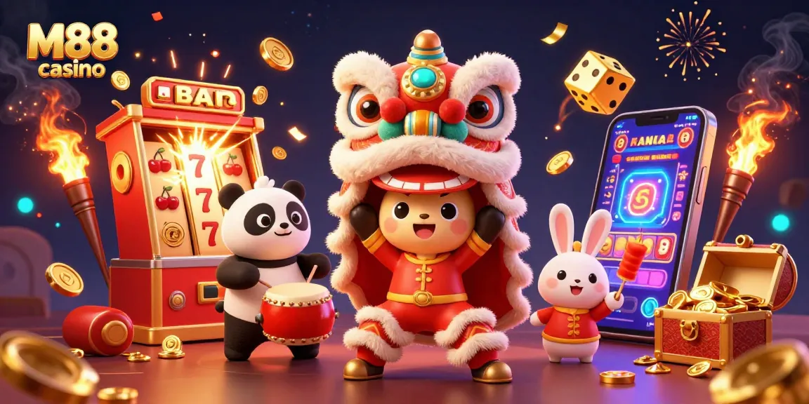 Experience the excitement of M88 casino with a vibrant 3D rendition of a lion dance and lucky game elements.