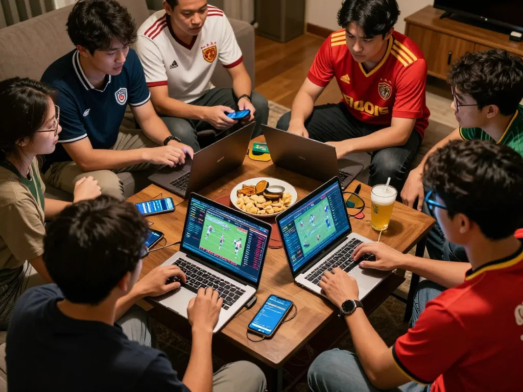 Engaging sports betting session with friends planning bets using 8live on laptops and smartphones.