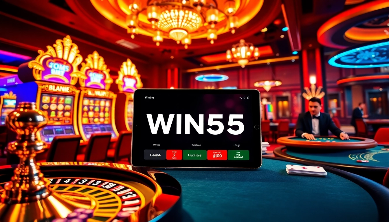 Experience the excitement of WIN55 with vibrant casino visuals of slot machines and poker tables.