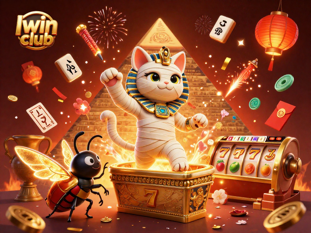 Iwin club features an energetic design with an Egyptian mummy cat emerging from a golden sarcophagus.