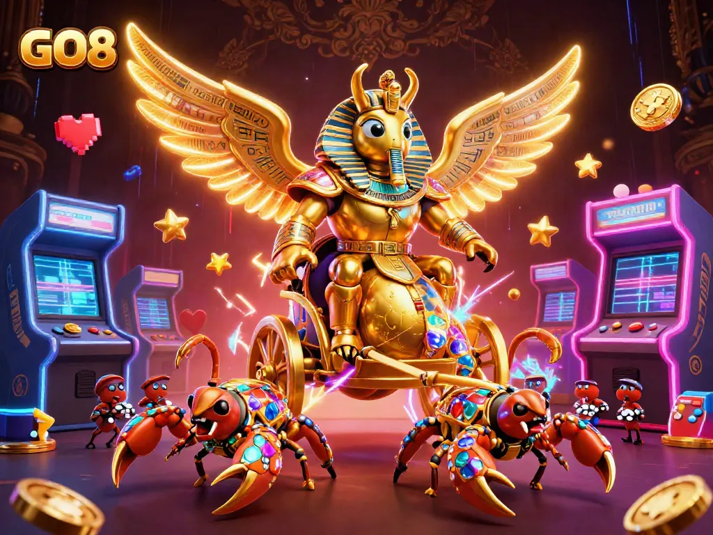 Engage with the GO8 gaming adventure, featuring a colossal golden scarab and vibrant casino elements.