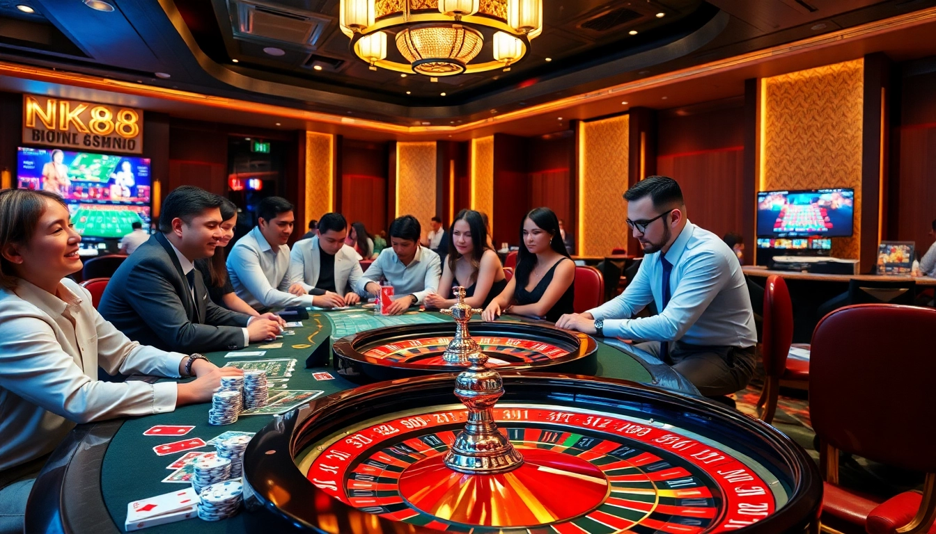 Experience the thrill of gambling with NK88 at a vibrant casino table featuring playing cards and poker chips.