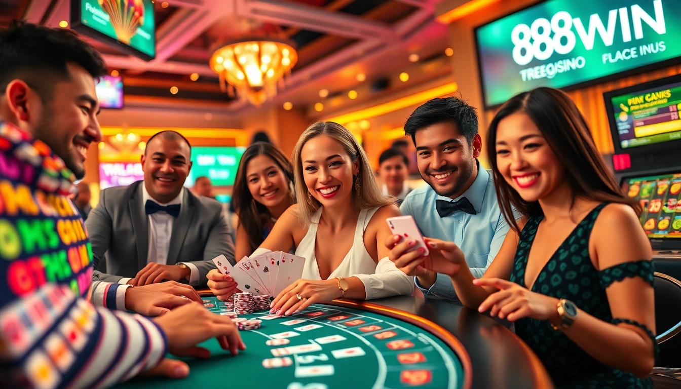 Exciting scene of diverse players enjoying games at 98win casino, showcasing luxury and joy.