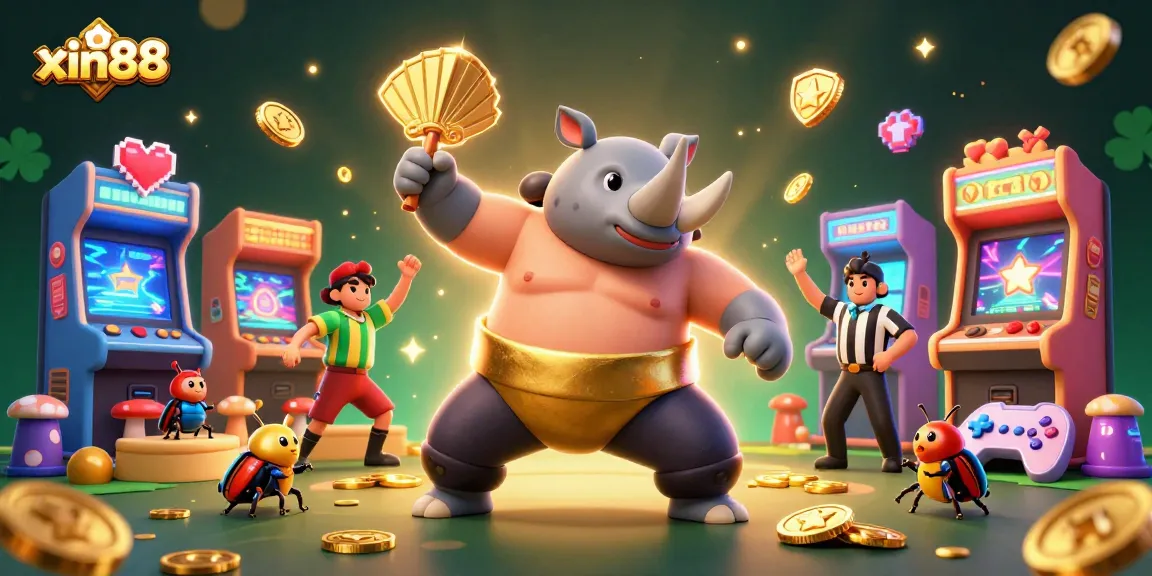 Experience exhilarating gameplay at xin88 with a dynamic scene featuring a sumo beetle champion, coins flying, and colorful casino elements.