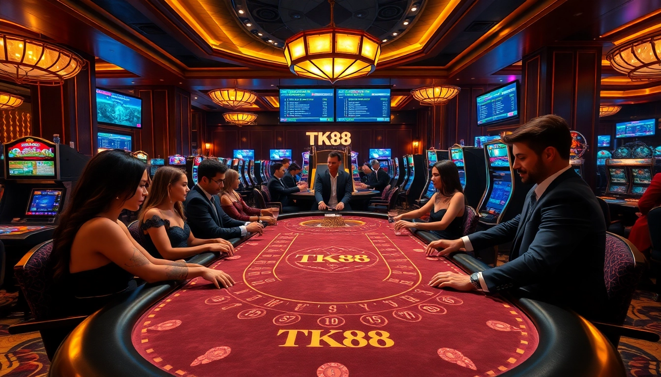 TK88 casino players engaging in live poker with glamorous dealers and vibrant ambiance.