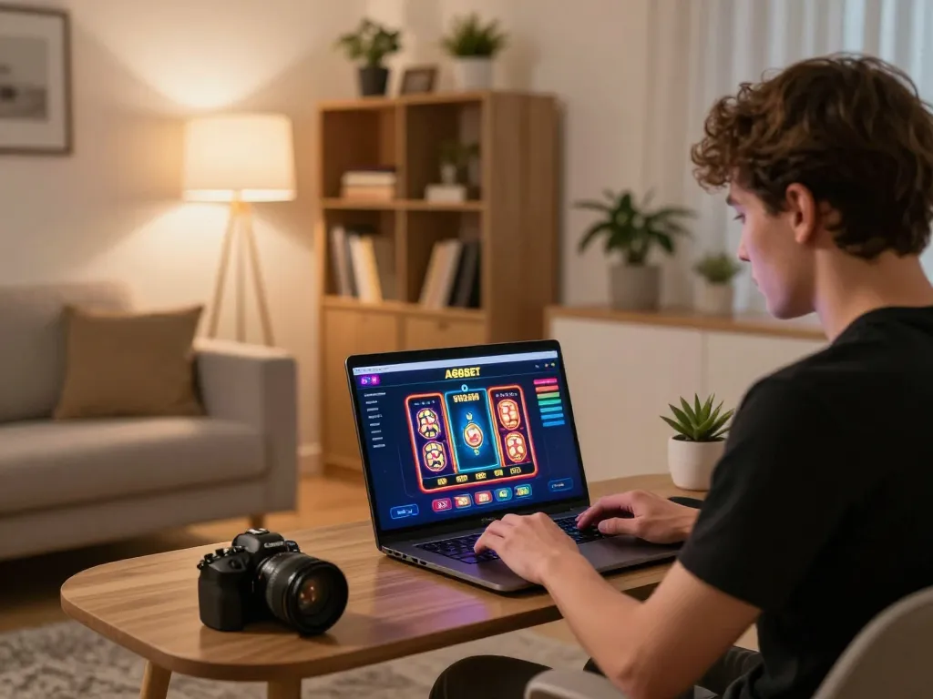 Player engaging with AI88BET's online gaming platform in a cozy home environment