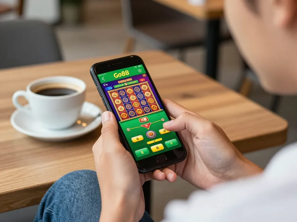 Engage in gaming at Go88 app on smartphone while enjoying a coffee break.