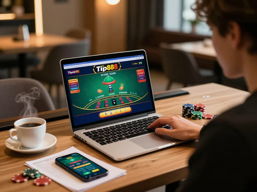 Engaging gameplay on tip88's online casino with a laptop showing blackjack.