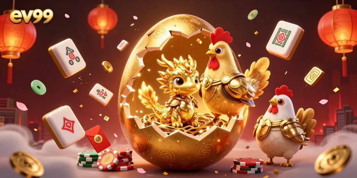 Join the excitement at ev99 with a dazzling illustration of golden treasures, poker chips, and festive elements.