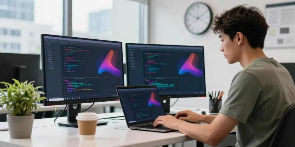 Developer programming on laptop in a modern workspace, illustrating instant indexing.