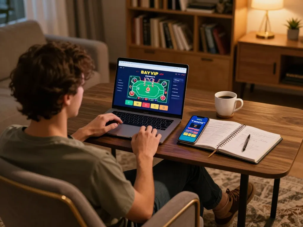 BAYVIP online gaming scene with a player strategizing on a laptop and smartphone