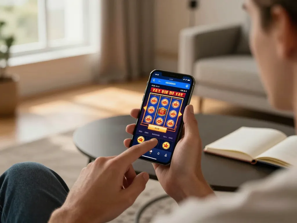 Player enjoying TG88 online casino app on smartphone, showcasing vibrant slot graphics in cozy home setting.