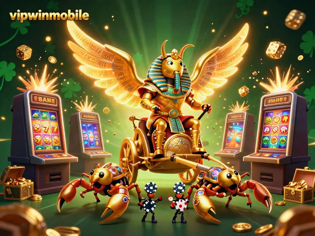 Experience vibrant action with vipwinmobile as a golden scarab and scorpions ride amidst explosive casino games.