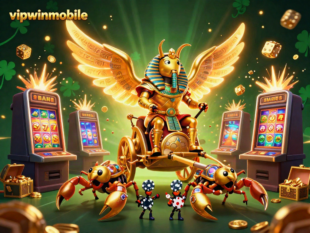 Experience vibrant action with vipwinmobile as a golden scarab and scorpions ride amidst explosive casino games.