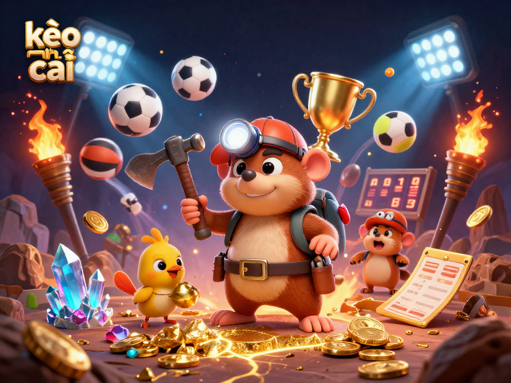 Bet on kèo nhà cái with a treasure hunter mole and dynamic sports elements in a vibrant casino cave.