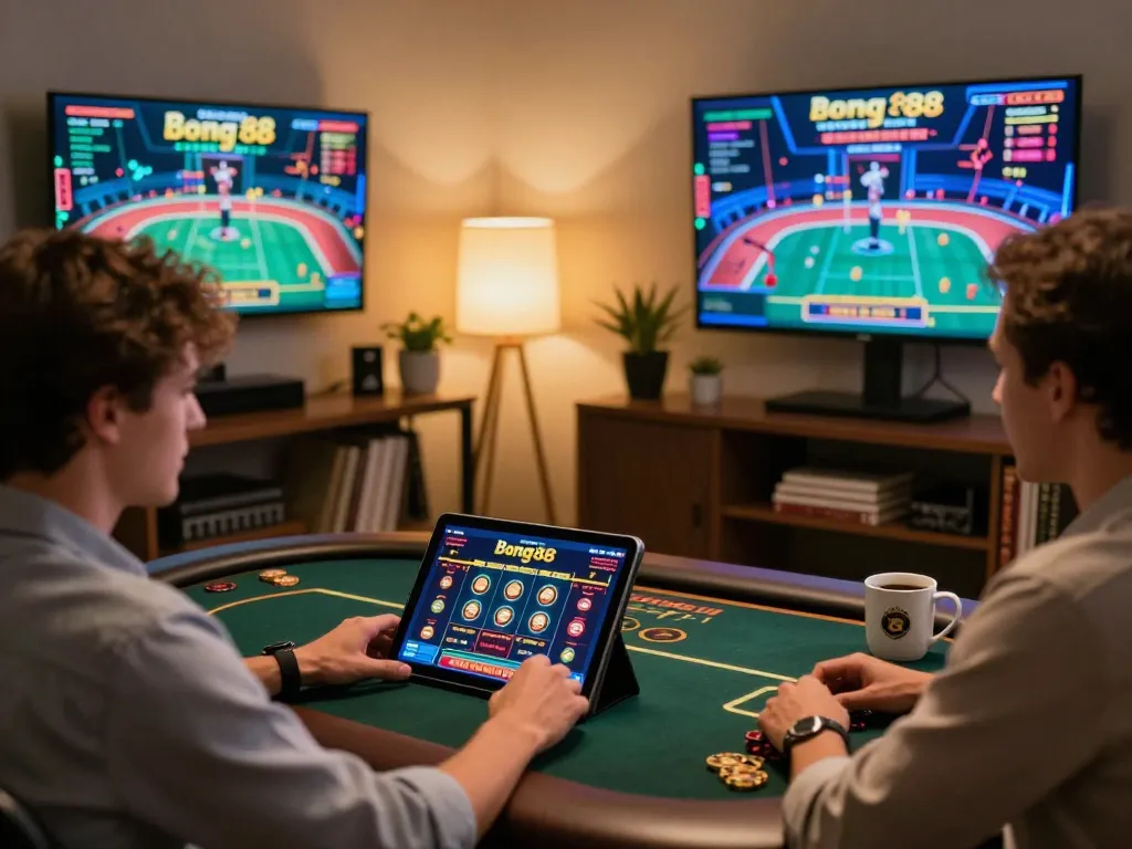 Engaged player enjoying live dealer games on bong88 tablet at a stylish home office.