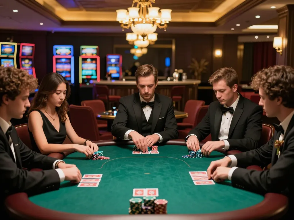 Players strategizing in an iwin club poker game under luxury lighting.