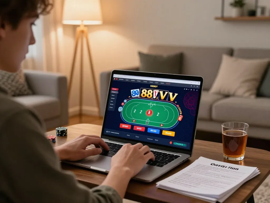 Player strategizing in front of 88VV online poker game on a laptop in a cozy setting.