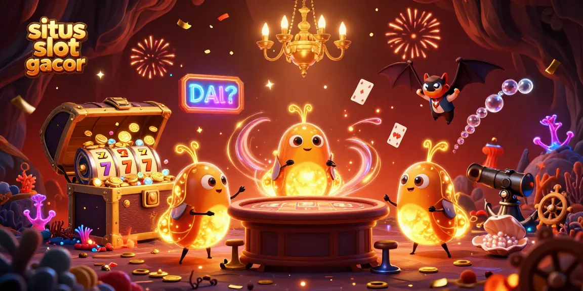 Experience thrill at situs slot gacor with a vibrant illustration of glowing casino elements and characters.