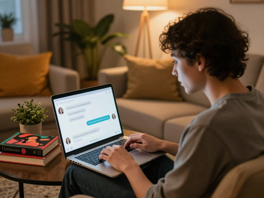 AI chat porn interaction in a cozy home environment, highlighting digital engagement.