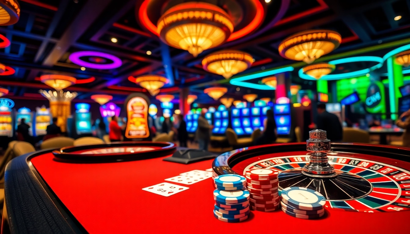 Engage in thrilling gameplay at KP88 with vibrant casino tables, poker chips, and roulette action.