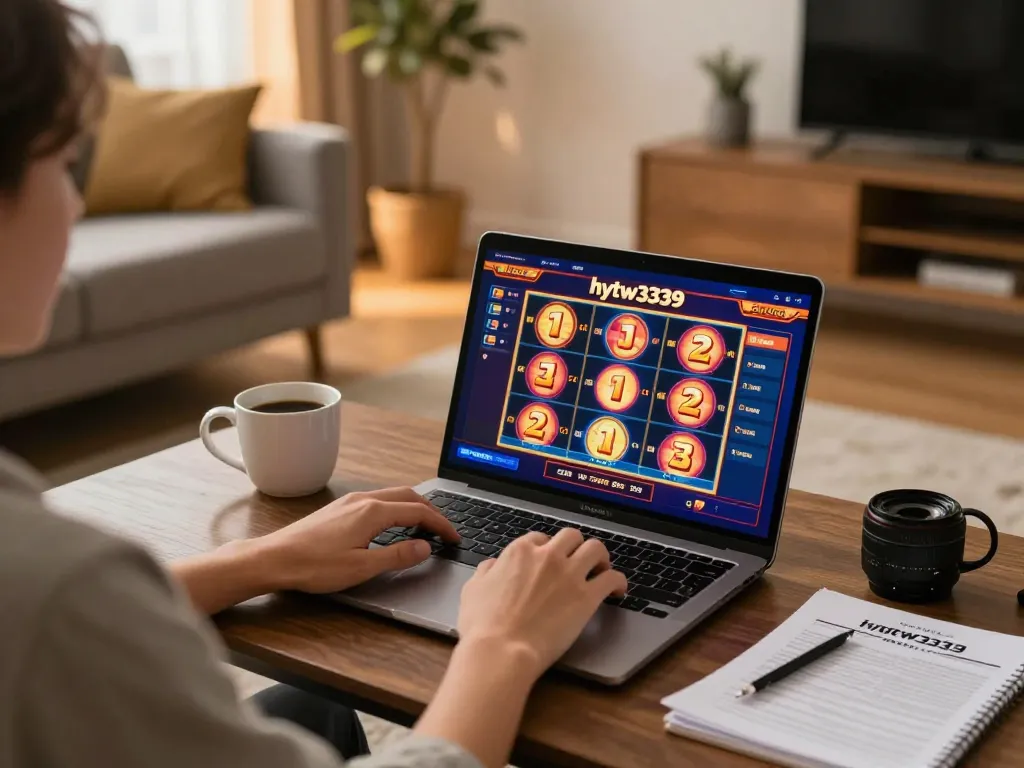 A person enjoying hytw3339 đăng nhập at home using a laptop for exciting online slot games.