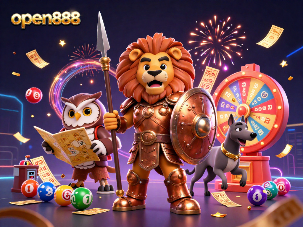 Experience excitement with open888 in a vibrant 3D illustration of a heroic Spartan lion and lively gaming elements.