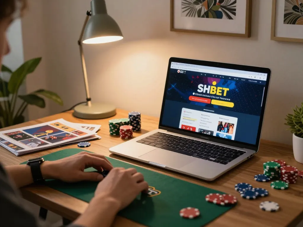 Engaging with SHBET online casino interface during a cozy home gaming session.