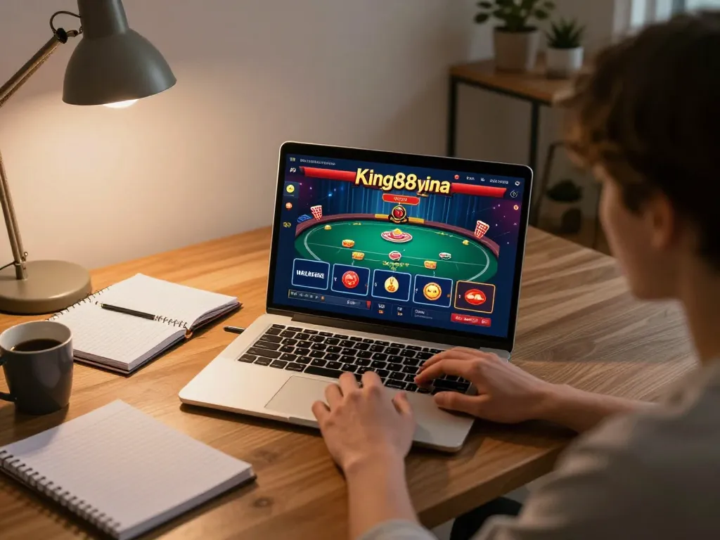 Person engaged in online gambling at king88 vina, laptop displaying poker game interface, cozy home office setting.