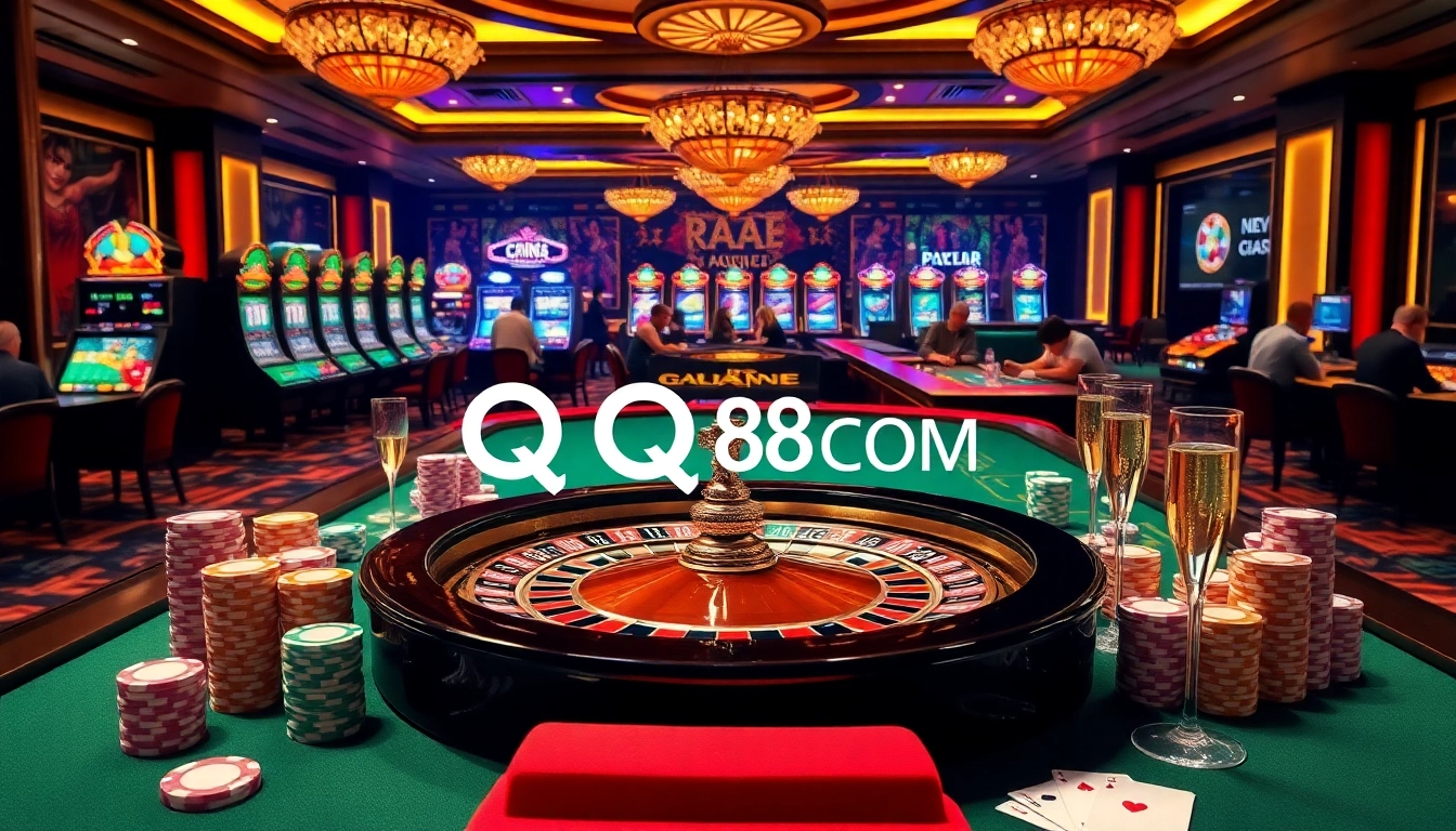 Engage in thrilling games at QQ88 COM, featuring vibrant casino tables and stylish decor.