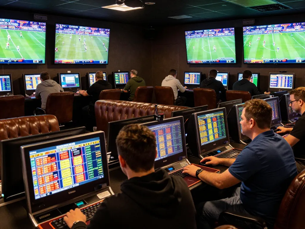 Excited patrons placing bets at tylekeonhacai88 sports betting lounge with dynamic updates
