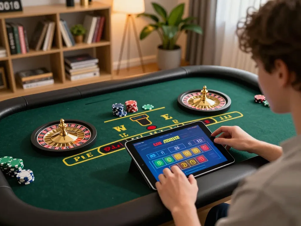 Exciting live gaming moment at New PK Luck, showcasing a tablet displaying roulette gameplay.
