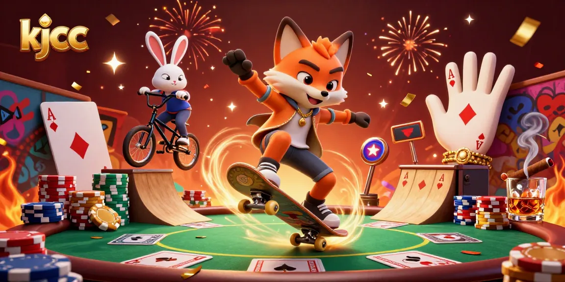 Experience the thrill of gaming with kjcc in a vibrant 3D casino scene filled with poker elements.