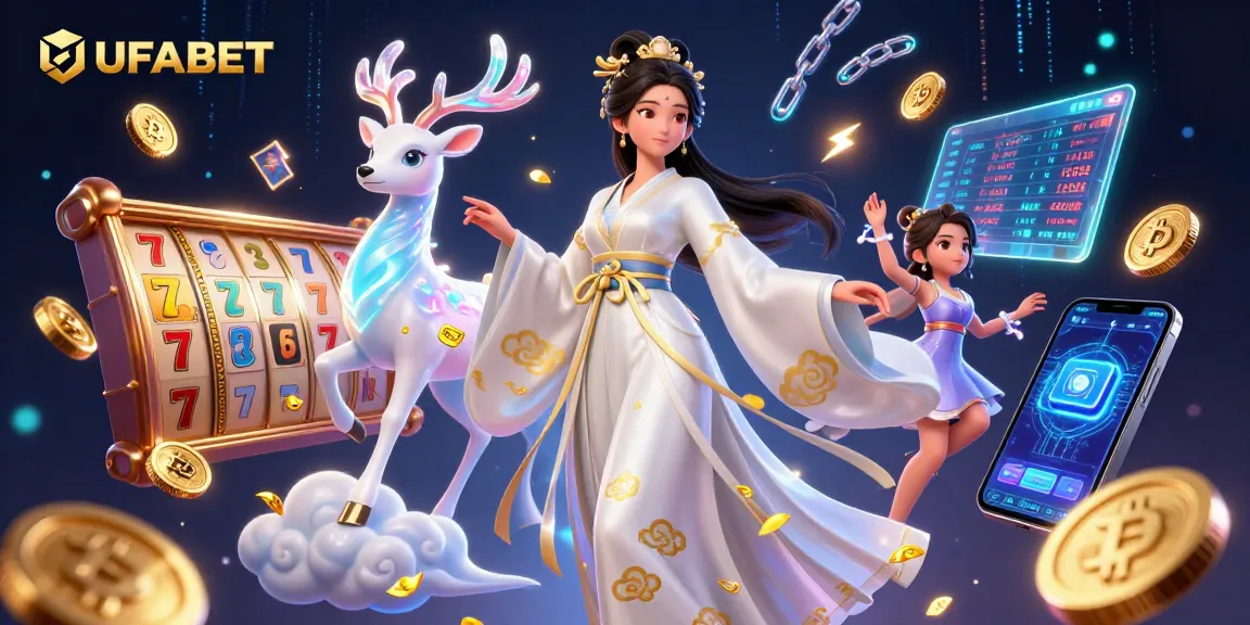 Experience thrilling gaming action at UFABET with vibrant characters amidst dynamic slot illustrations.