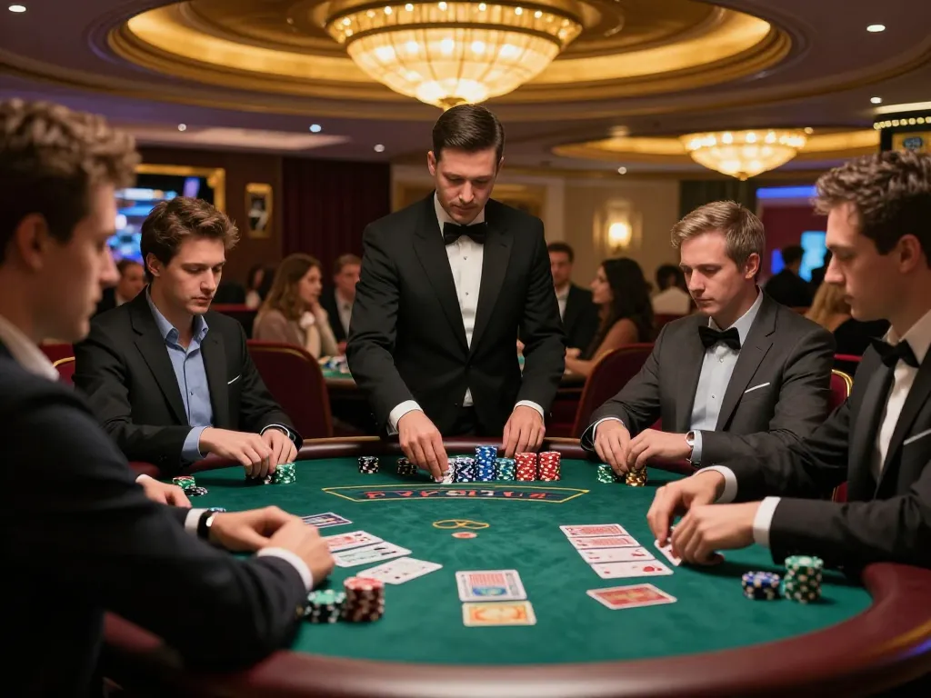 Players at a dabet blackjack table strategizing their bets in a luxurious casino environment