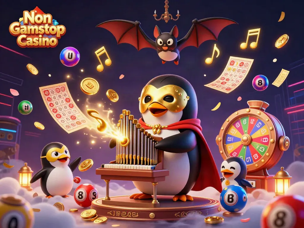 Engaging scene of Non Gamstop Casino featuring whimsical elements and vibrant casino activities