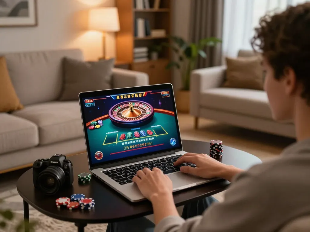 Engaged player of MM 88 making strategic bets in an online live dealer casino, capturing an inviting gaming atmosphere.