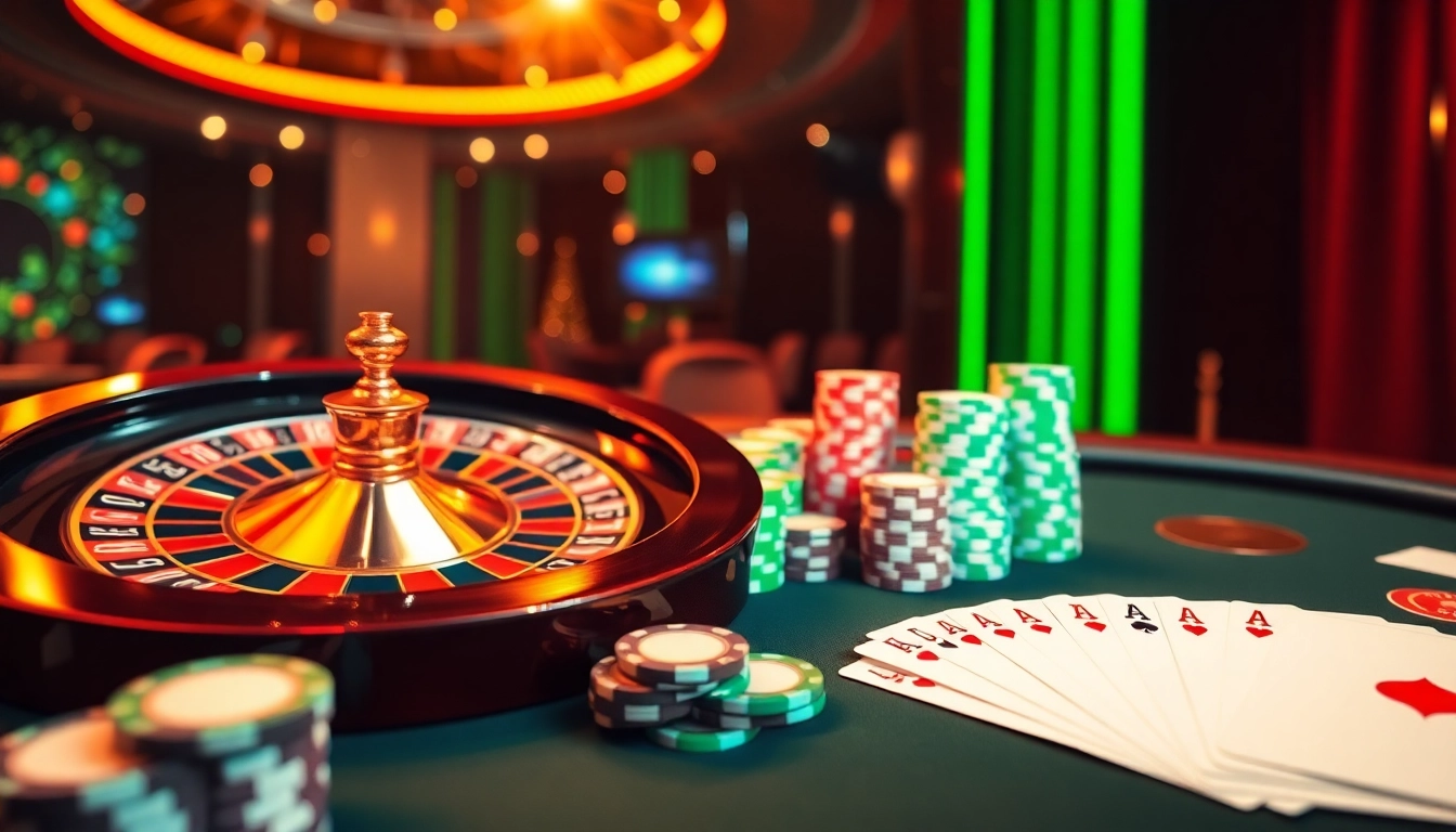 Experience thrilling gameplay with casino elements at https://kkwin.black/ showcasing roulette, poker chips, and cards.