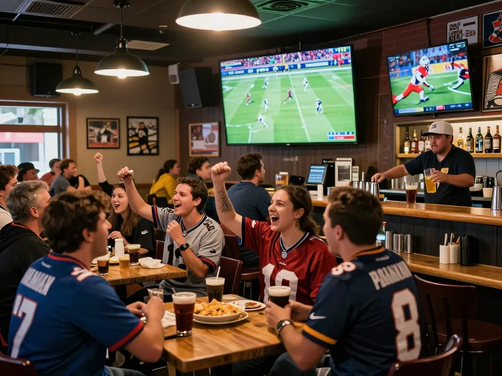 Excited fans at a sports bar watching a live football match, enjoying ดูบอล together.