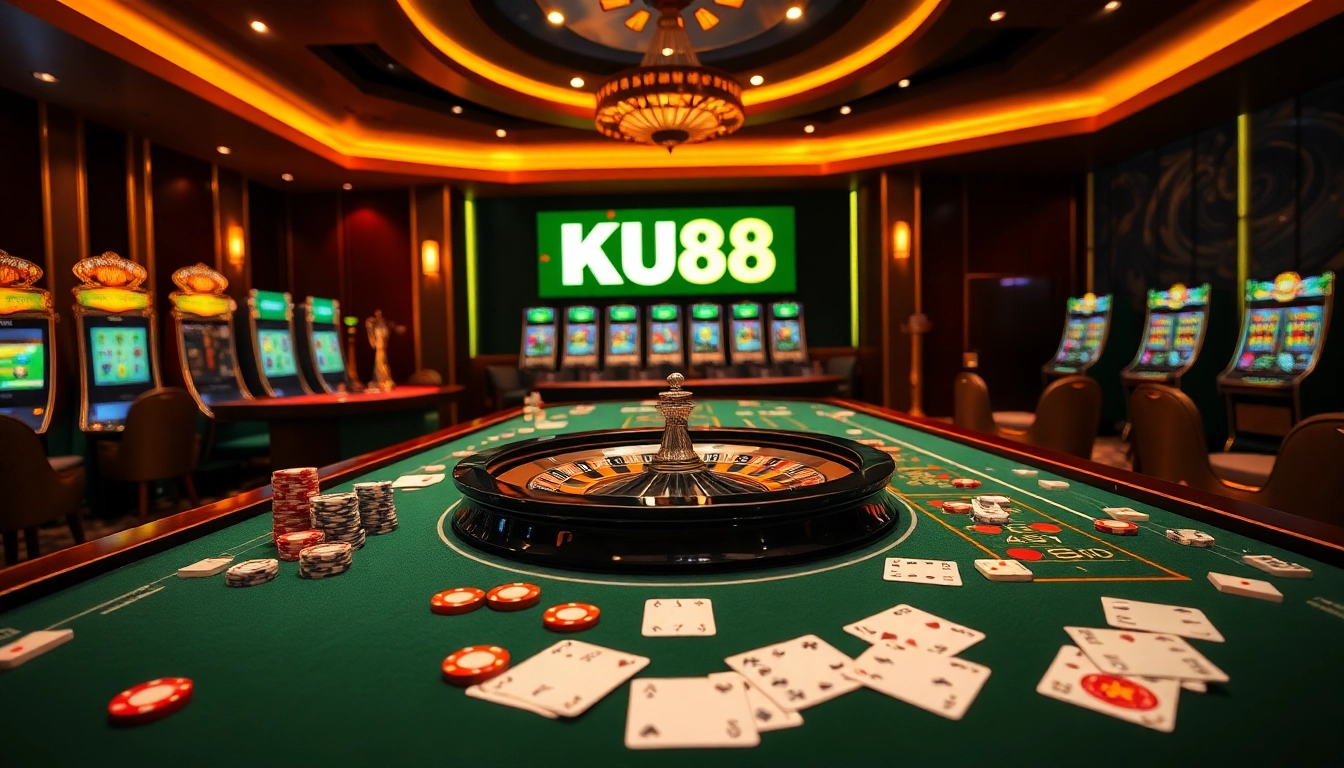 Experience the excitement of KU88 with vibrant poker chips and an elegant casino table.
