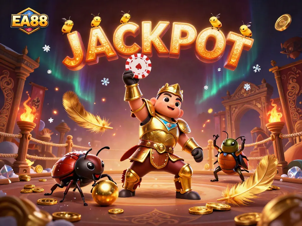 Experience EA88 excitement with a heroic beetle lifting a poker chip as fireflies celebrate JACKPOT!