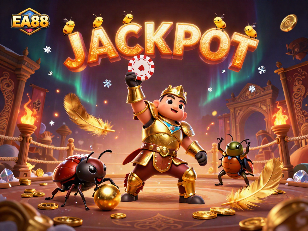 Experience EA88 excitement with a heroic beetle lifting a poker chip as fireflies celebrate JACKPOT!