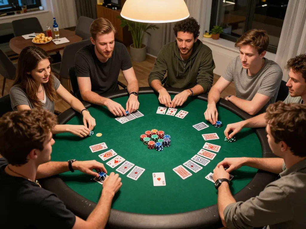Friends enjoying a poker night with strategic play using 789win chips and cards.