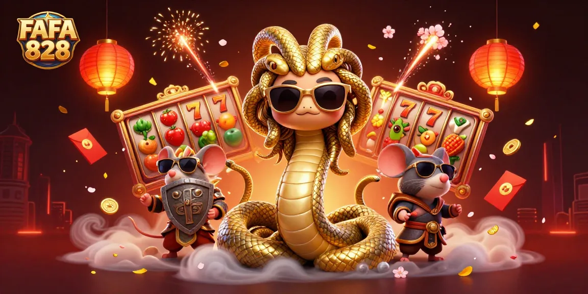 Experience the excitement of FAFA 828 with slots and festive imagery in this vibrant digital illustration.