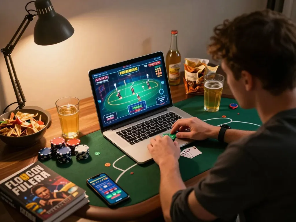Player engaging with gem88 online poker game on a laptop, highlighting interactive gambling experience