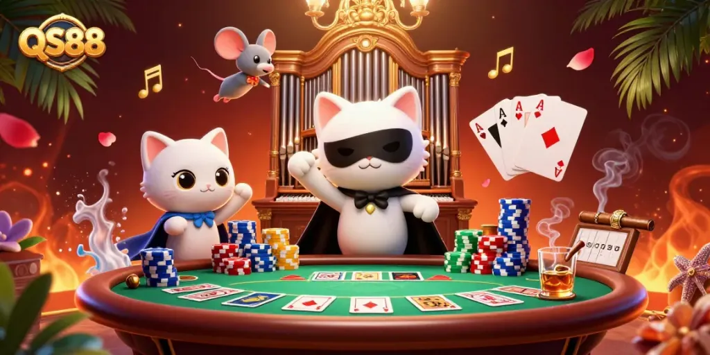 Engage in thrilling gameplay with QS88, showcasing a vibrant casino scene featuring poker elements and colorful characters.