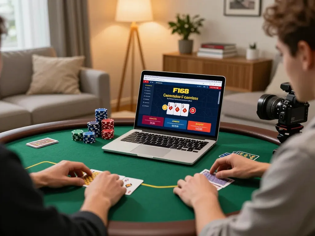 Player engaging with the F168 casino app on their laptop at home, surrounded by chips and cards.